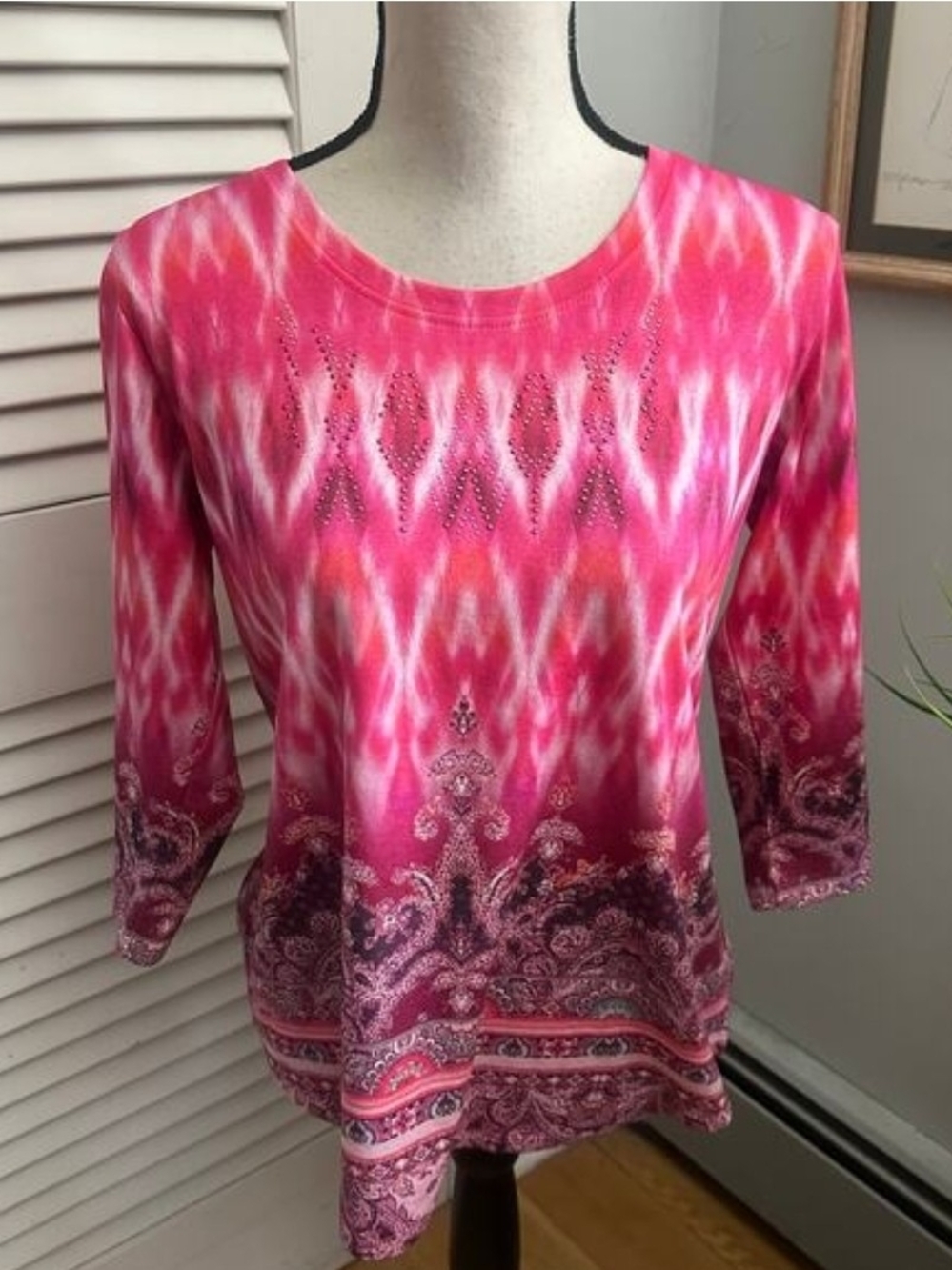 ONE WORLD Hot Pink Patterned 3/4 Sleeve Top